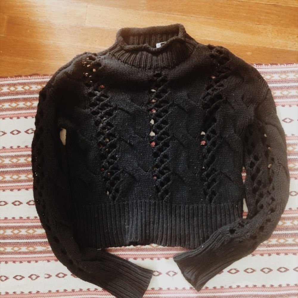 Mock Neck Cable Knit Black Sweater